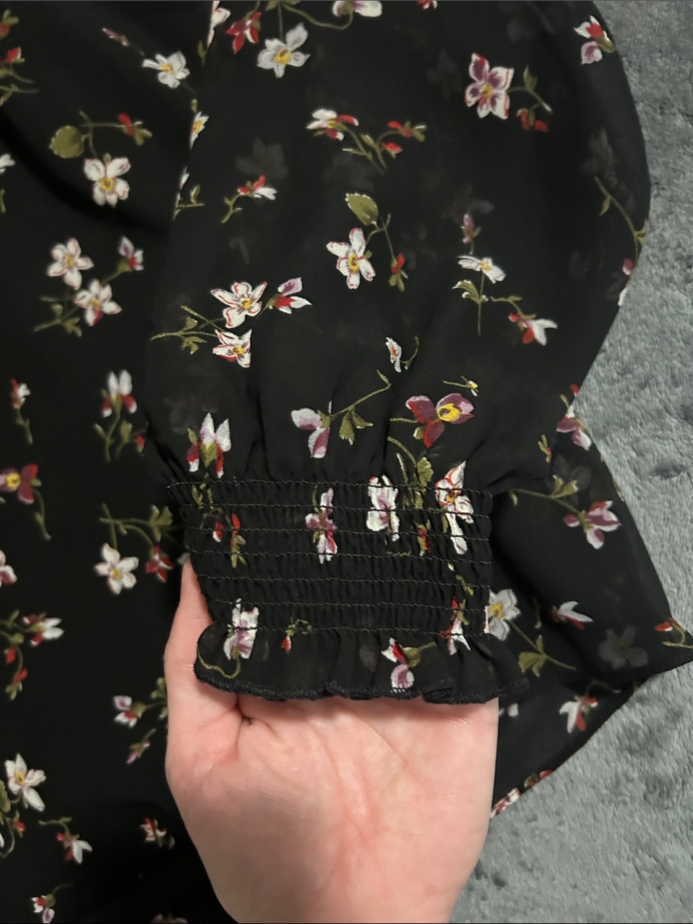 Madewell Black Floral Smocked-Neck Blouse with Puff Sleeves - Picture 3 of 5